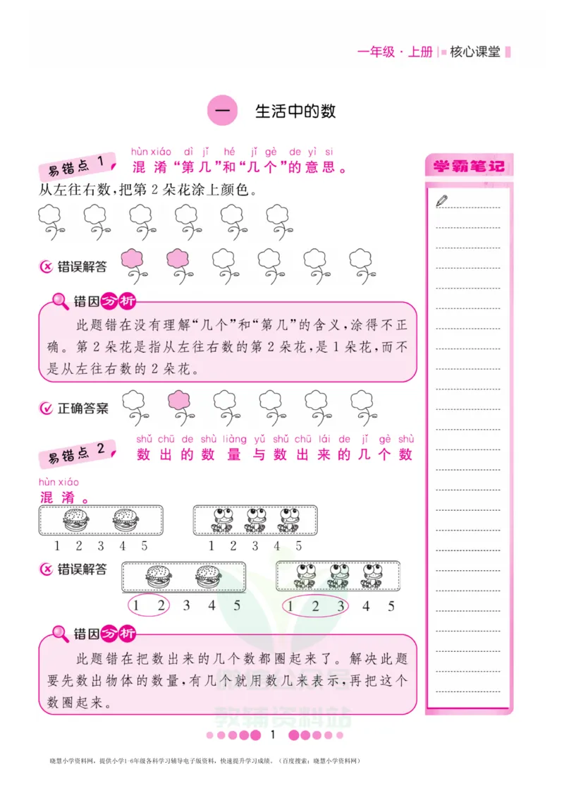 一年级上册数学北师版易错清单_一年级上下册资料_一年级上语数英上下册学习资料_3-6-3、小学一年级数学上册_北师大版_1、知识点总结
