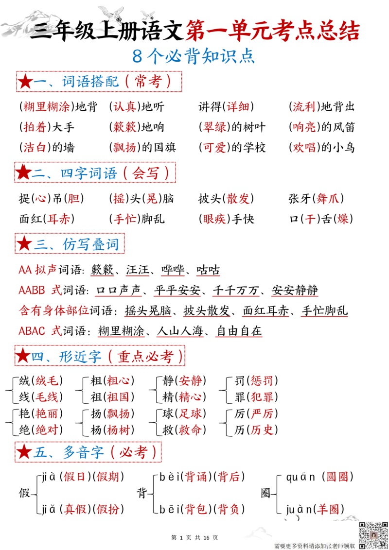 三年级上册语文1-8单元考点(1)_三年级上下册资料_三年级上册小红书同款资料_三年级(1)