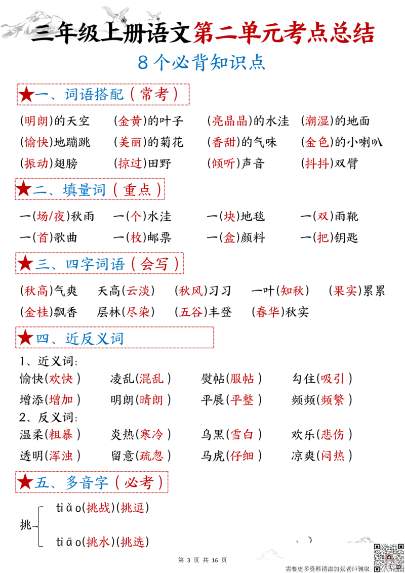 三年级上册语文1-8单元考点(1)_三年级上下册资料_三年级上册小红书同款资料_三年级(1)