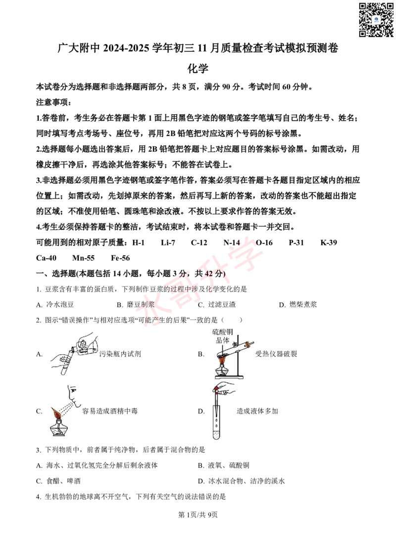 24-25学年广附九年级上学期11月质量检查考试化学试卷_广州九上月考+期中+期末+一模二模+中考真题_初三上十月十二月考