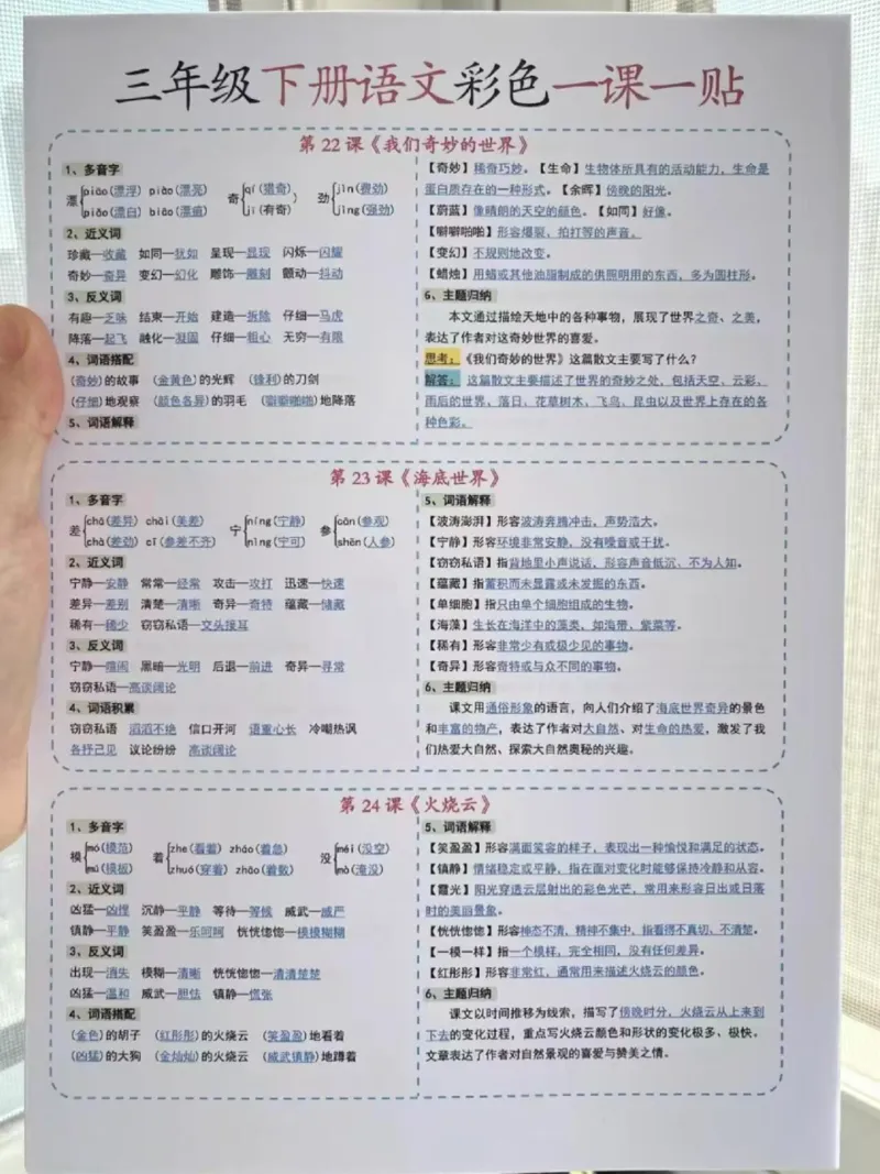 三年级下册语文彩色一课一贴_三年级上下册资料_三年级下册小红书同款资料_三下语文