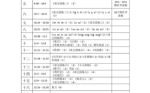 一年级上册语文教学进度表_一年级语文上册（统编版）_全套教学资源_课件+教案_教学进度表与教材分析