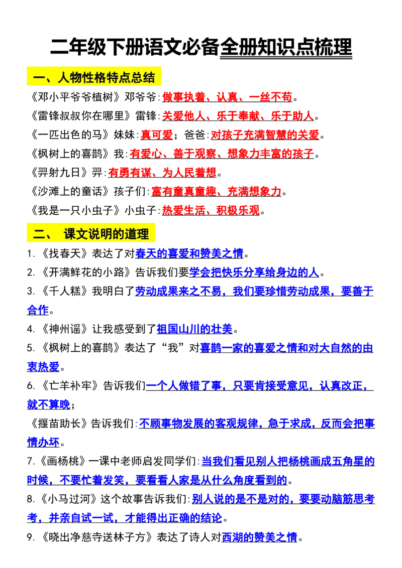 二年级语文下册知识点归纳总复习_二年级上下册资料_二年级语数英上下册学习资料_3-7-2、小学二年级语文下册_统编、部编、人教（语文全国统一只有一个版）_1、知识点总结_期末总复习