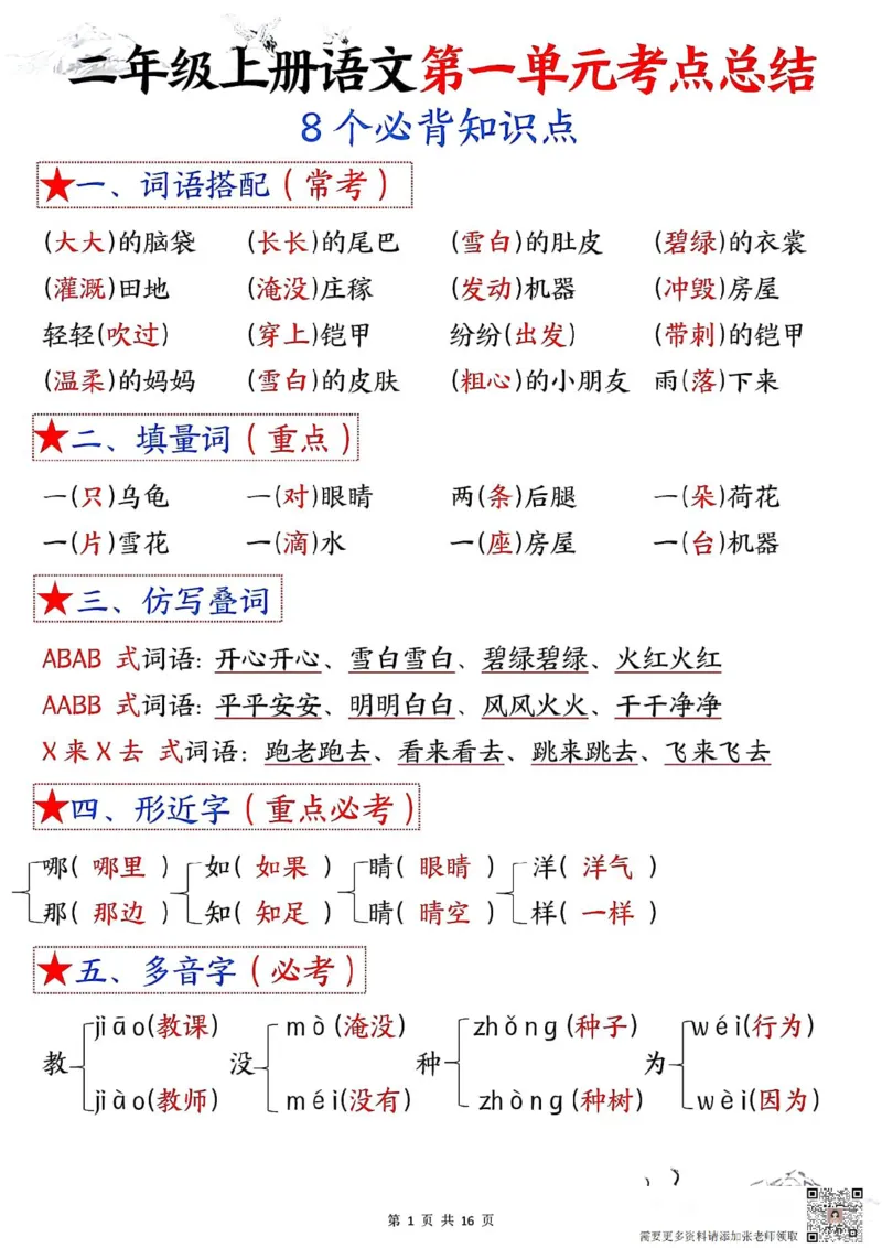 二年级上册语文1-8单元考点默写答案(2)(1)_二年级上下册资料_二年级上册小红书同款资料_二年级