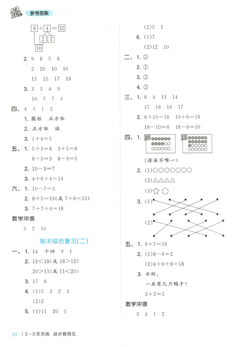 一年级数学上册冀教版25秋《53天天练》答案_25秋小学语数英习题试卷_数学_冀教版_1-6年级数学上册冀教版25秋《53天天练》_一年级数学上册冀教版25秋《53天天练》