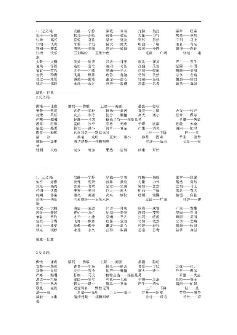 三年级语文上册专项复习分类训练：近反义词_三年级上下册资料_三年级上语数英上下册学习资料_3-8-1、小学三年级语文上册_统编、部编、人教（语文全国统一只有一个版）_6、专项练习