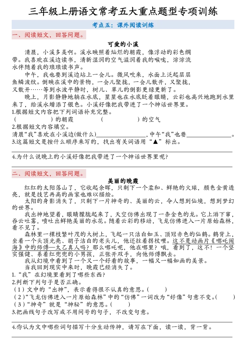 三上语文常考五大重点题型专项训练_三年级上下册资料_三年级下册小红书同款资料_三下语文