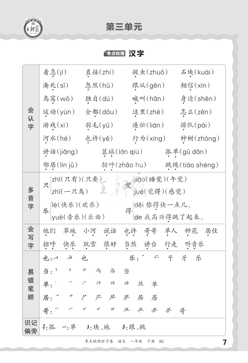 一（下）王朝霞梳理手册电子版汉字句子词语课文内容与积累运用_一年级上下册资料_小学一年级学习资料-25年更新版_1-02、小学一年级语文下册_3-6-2-1、复习、知识点、归纳汇总
