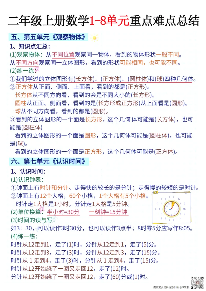 二年级上册数学1-8单元重点难点总结_一年级上下册资料_一年级上册小红书同款资料_一年级(1)