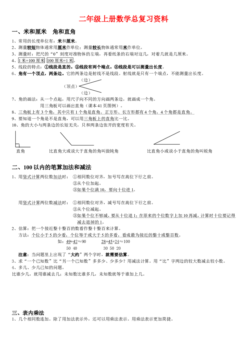 二年级上册数学总复习资料_二年级上下册资料_小学二年级学习资料-25年更新版_2-03、小学二年级数学上册_2-3-1、复习、知识点、归纳汇总_通用