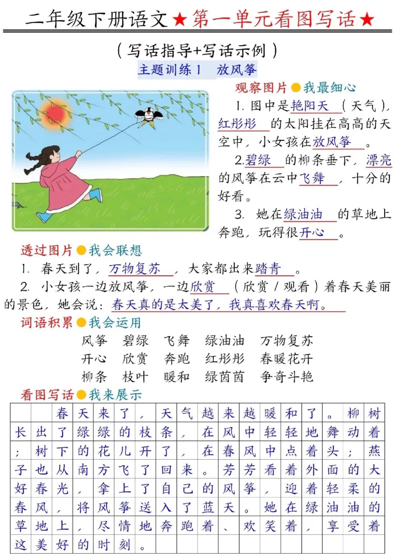 二年级下册语文第一单元看图写话指导＋范文＋练习_二年级上下册资料_小学二年级学习资料-25年更新版_2-02、小学二年级语文下册_2-2-2、练习题、作业、试题、试卷_专项练习