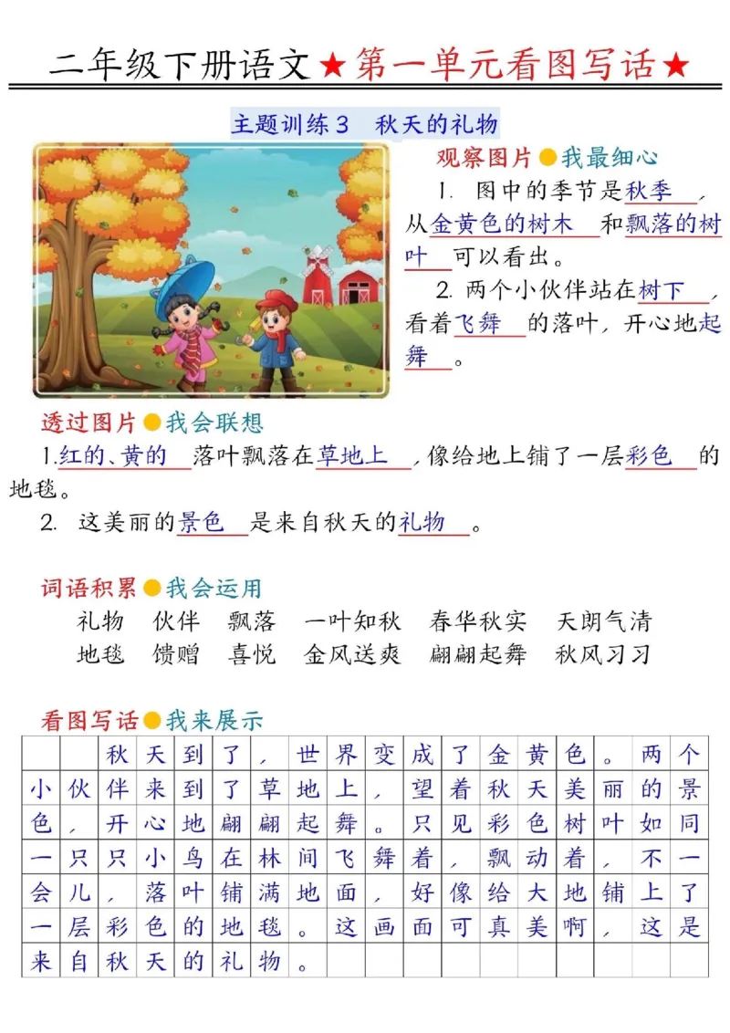 二年级下册语文第一单元看图写话指导＋范文＋练习_二年级上下册资料_小学二年级学习资料-25年更新版_2-02、小学二年级语文下册_2-2-2、练习题、作业、试题、试卷_专项练习