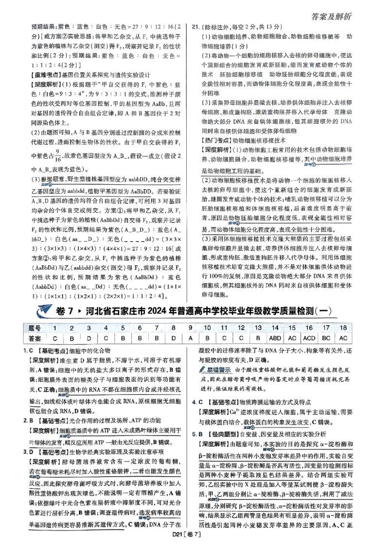 2025高考必刷卷42套生物答案解析册_2025高中教辅（后续还会更新新习题试卷）_《2025高考必刷卷》_生物