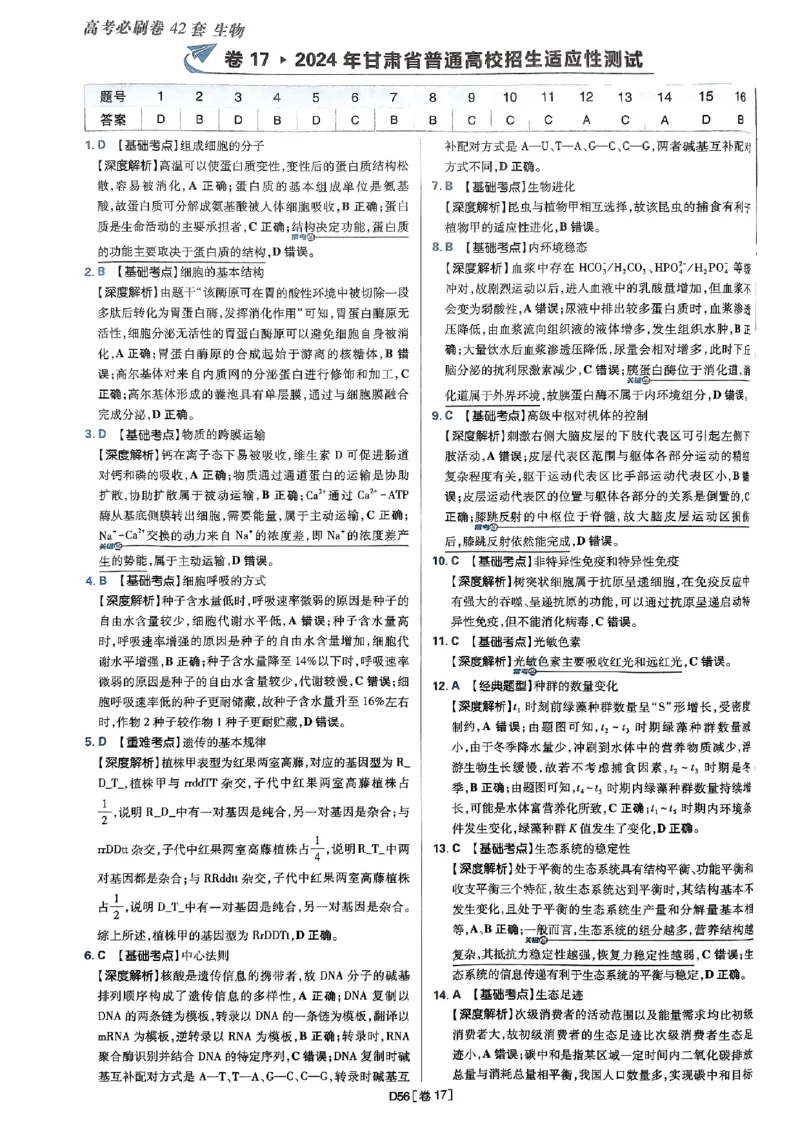 2025高考必刷卷42套生物答案解析册_2025高中教辅（后续还会更新新习题试卷）_《2025高考必刷卷》_生物