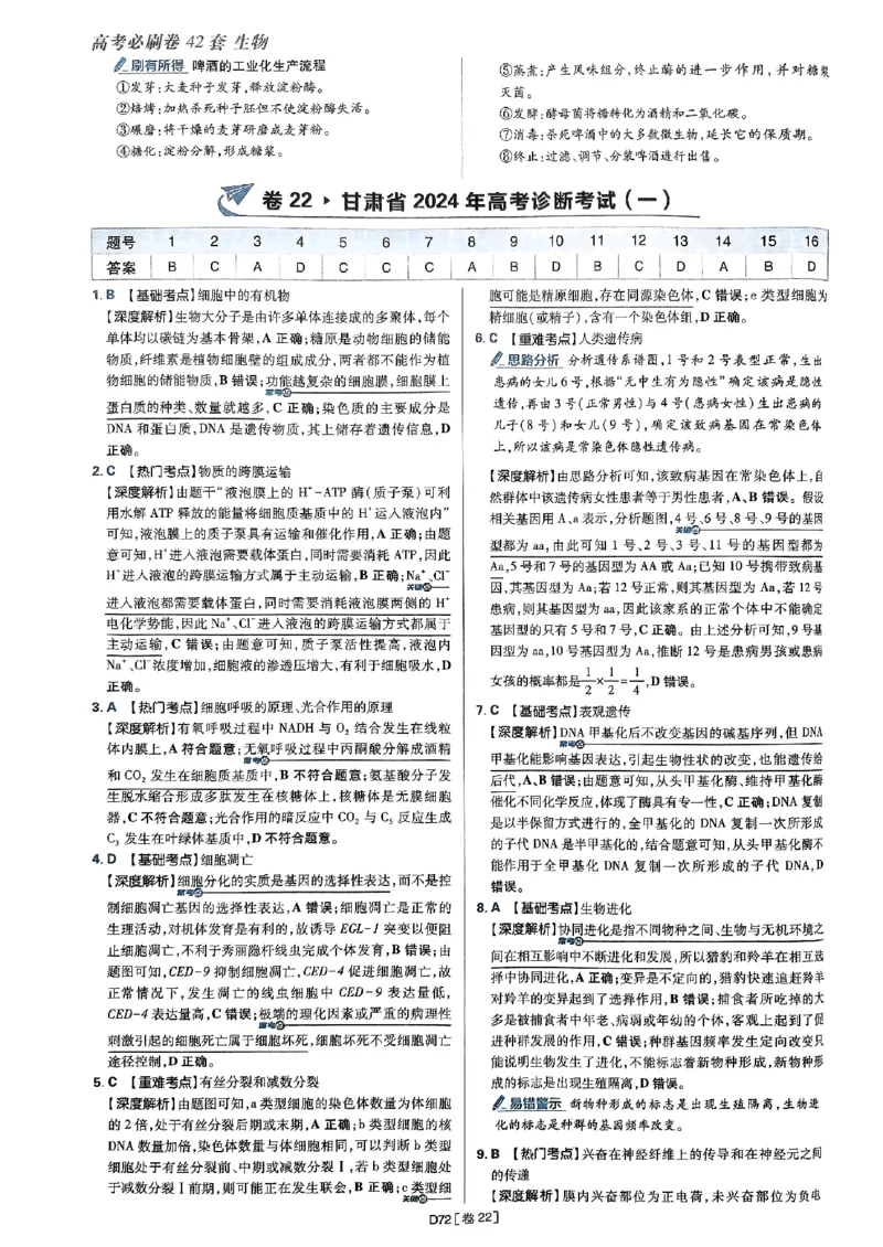 2025高考必刷卷42套生物答案解析册_2025高中教辅（后续还会更新新习题试卷）_《2025高考必刷卷》_生物