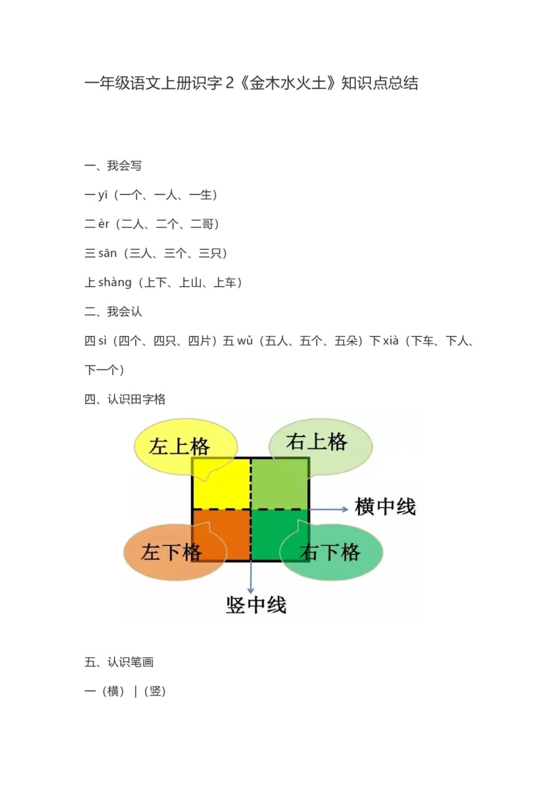 一（上）语文识字2《金木水火土》知识点总结_一年级上下册资料_小学一年级学习资料-25年更新版_1-01、小学一年级语文上册_02、课时练习_语文一（上）每一课核心考点