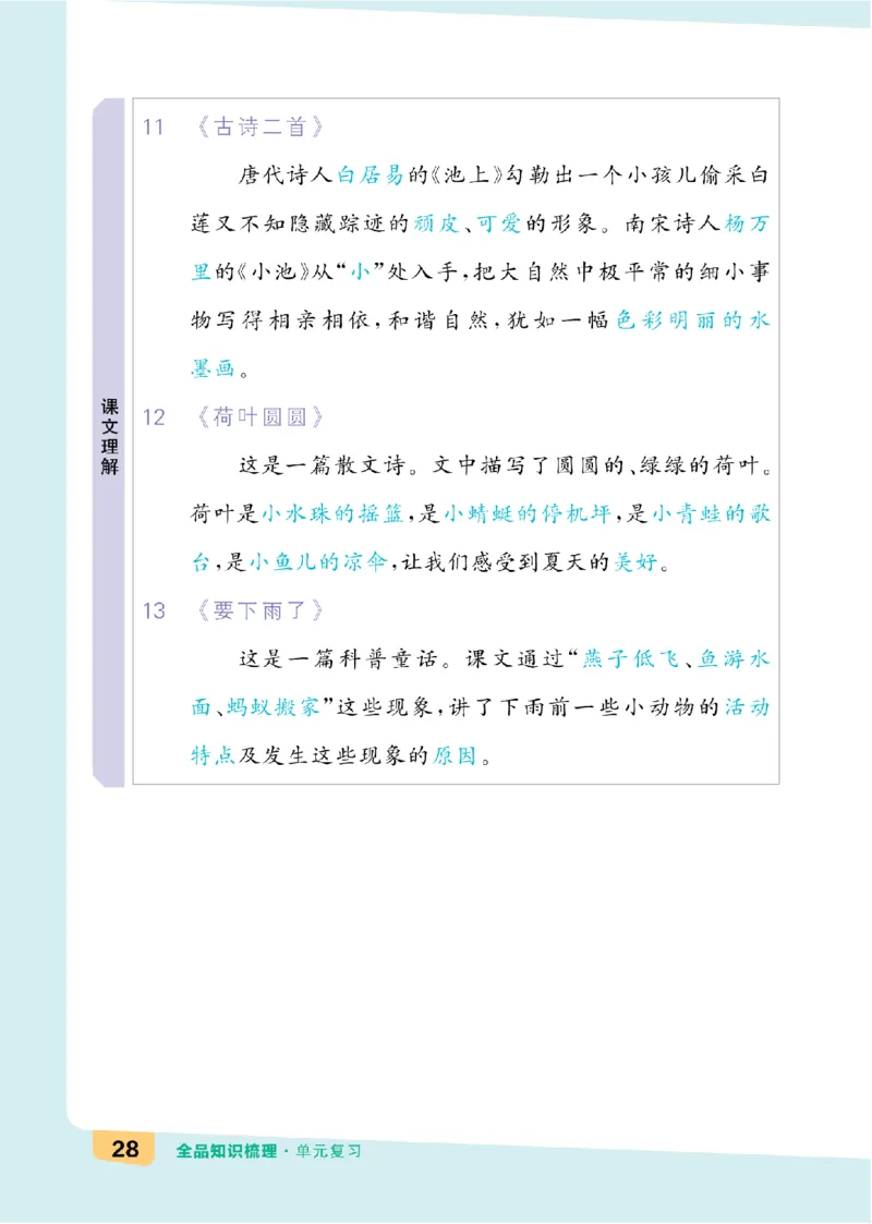 一（下）语文：全品知识梳理（单元复习版）24春版_一年级上下册资料_小学一年级学习资料-25年更新版_1-02、小学一年级语文下册_3-6-2-1、复习、知识点、归纳汇总_部编（人教）版