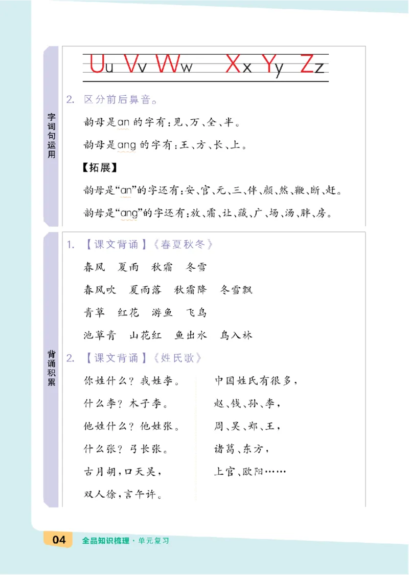 一（下）语文：全品知识梳理（单元复习版）24春版_一年级上下册资料_小学一年级学习资料-25年更新版_1-02、小学一年级语文下册_3-6-2-1、复习、知识点、归纳汇总_部编（人教）版