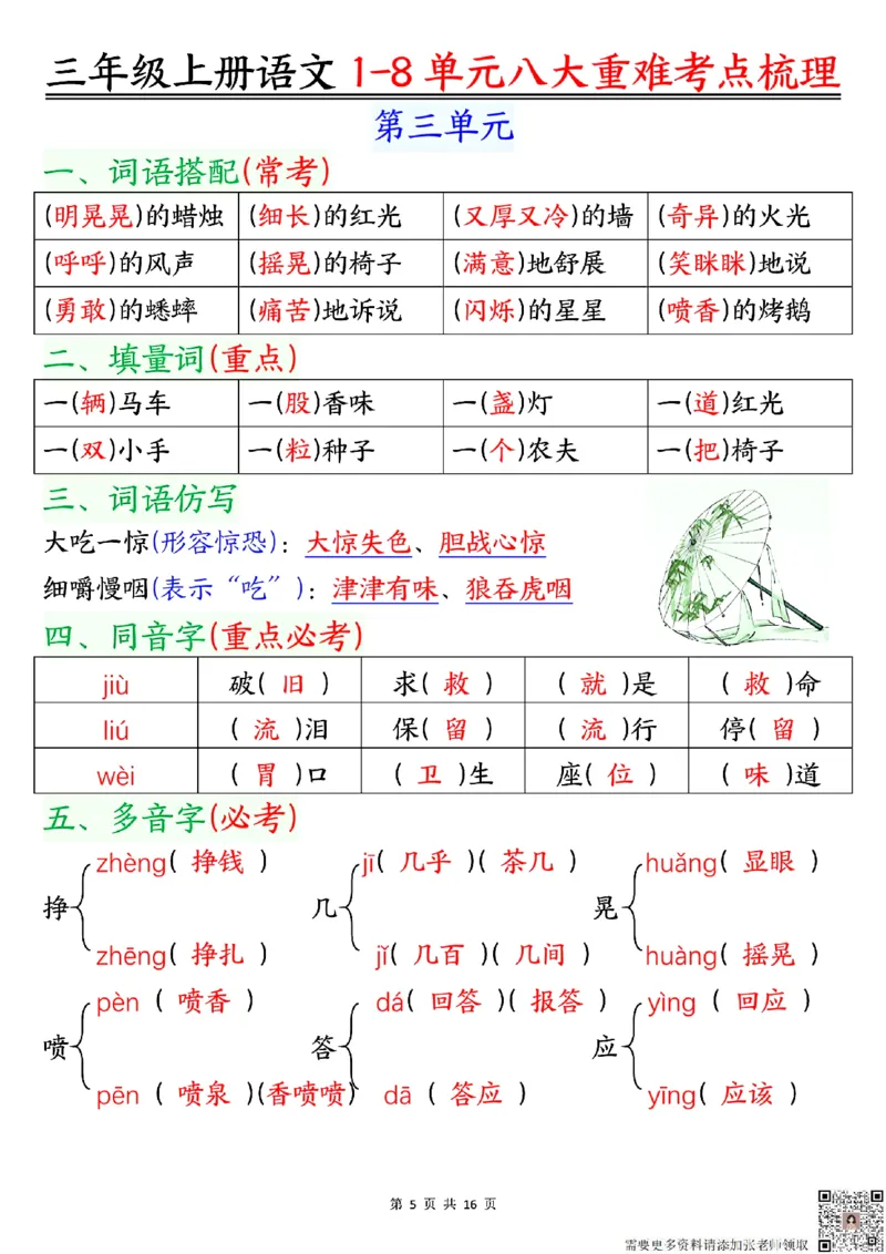 三年级上册语文1-8单元考点梳理_三年级上下册资料_三年级上册小红书同款资料_三年级(1)