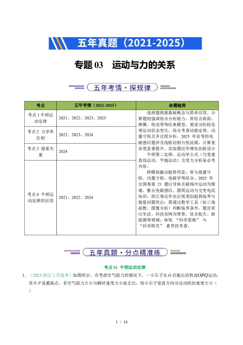 专题03运动和力的关系（浙江专用）（原卷版）_浙江物理高考真题分类汇编（2021-2025）_专题03运动和力的关系（浙江专用）-五年（2021-2025）高考物理真题分类汇编