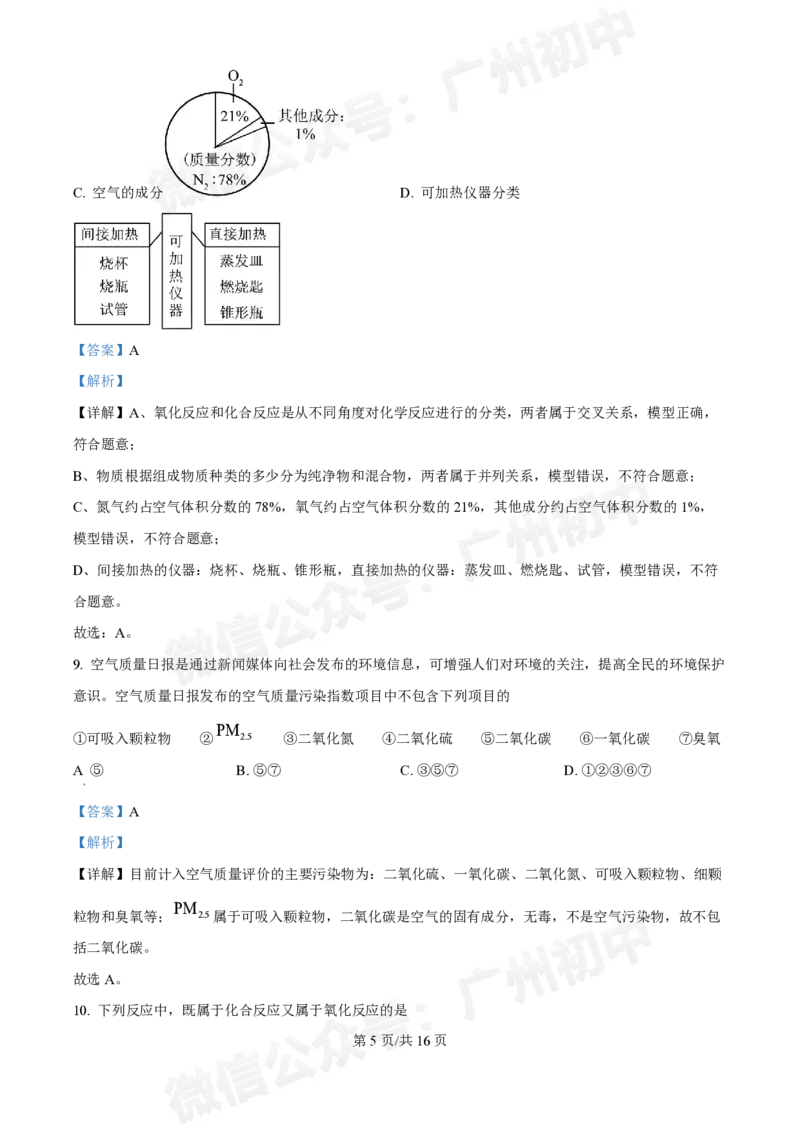 真光中学2024-2025学年九年级9月综合训练化学试题答案解析_广州九上月考+期中+期末+一模二模+中考真题_九上月考_初三上十月考