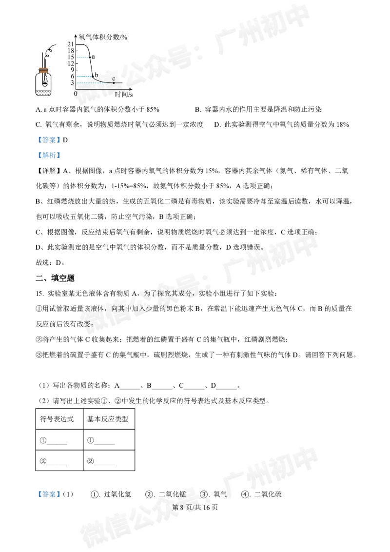 真光中学2024-2025学年九年级9月综合训练化学试题答案解析_广州九上月考+期中+期末+一模二模+中考真题_九上月考_初三上十月考
