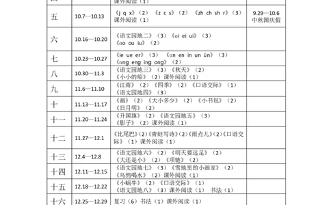2023-2024学年一上语文教学进度表_一年级语文上册（统编版）_老课标资料_教学计划和进度表