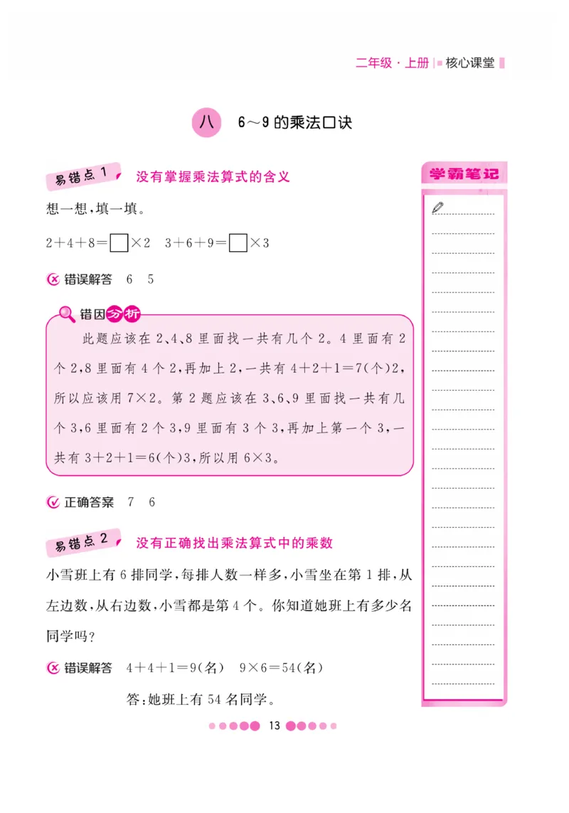 《核心课堂》易错清单-数学2年级上册（BS）_二年级上下册资料_小学二年级学习资料-25年更新版_2-03、小学二年级数学上册_2-3-2、练习题、作业、试题、试卷_北师大版_电子册类