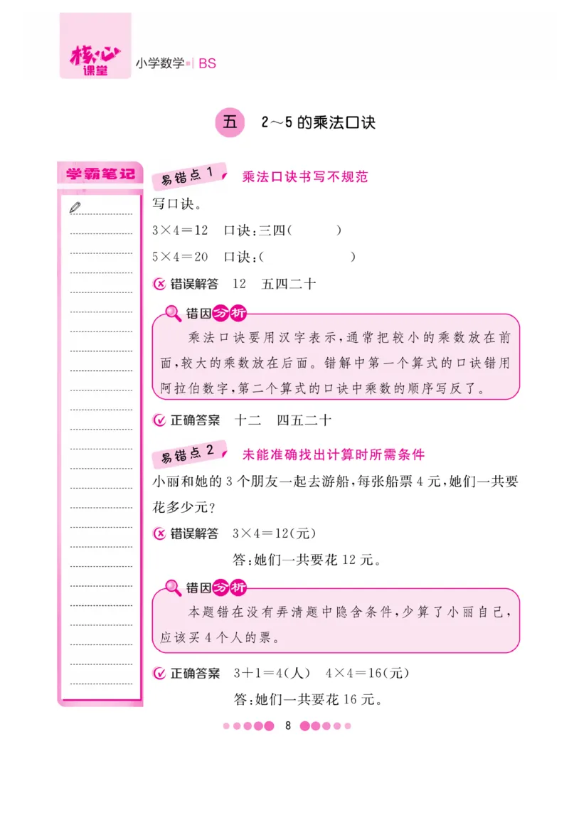 《核心课堂》易错清单-数学2年级上册（BS）_二年级上下册资料_小学二年级学习资料-25年更新版_2-03、小学二年级数学上册_2-3-2、练习题、作业、试题、试卷_北师大版_电子册类