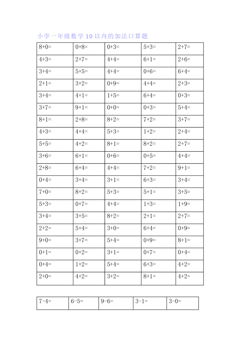一年级数学10以内的加法口算题100道_一年级上下册资料_小学一年级学习资料-25年更新版_1-03、小学一年级数学上册_通用_精品专项练习（通用版）