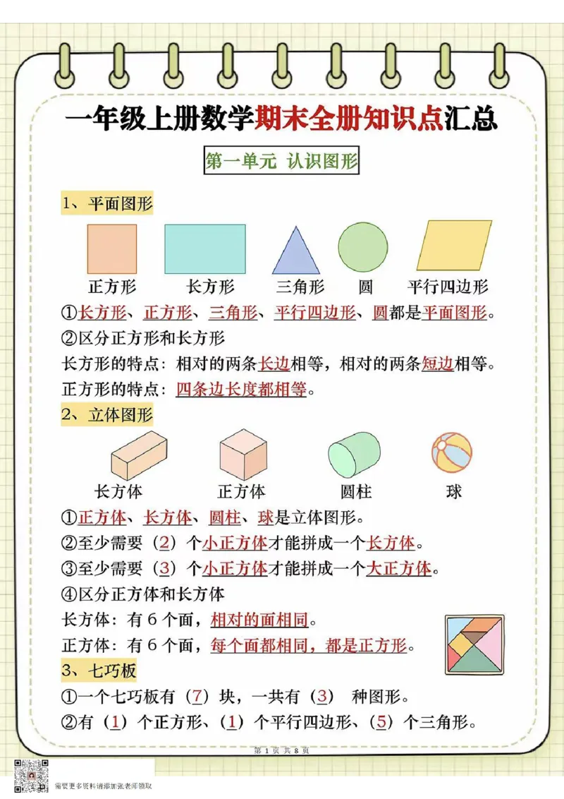 一年级上册数学期末全册知识点汇总_一年级上下册资料_一年级上册小红书同款资料_一年级(1)