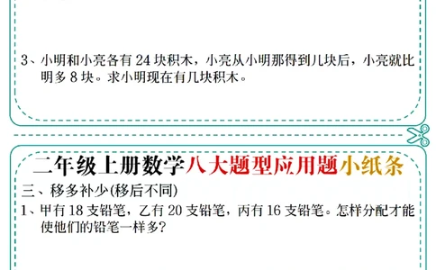 二上数学五大题型应用题小纸条(空白版）(1)_二年级上下册资料_二年级上册小红书同款资料_二年级