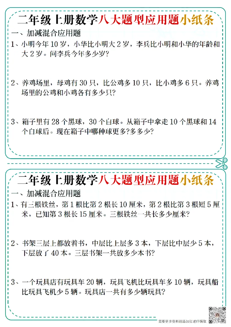 二上数学五大题型应用题小纸条(空白版）(1)_二年级上下册资料_二年级上册小红书同款资料_二年级