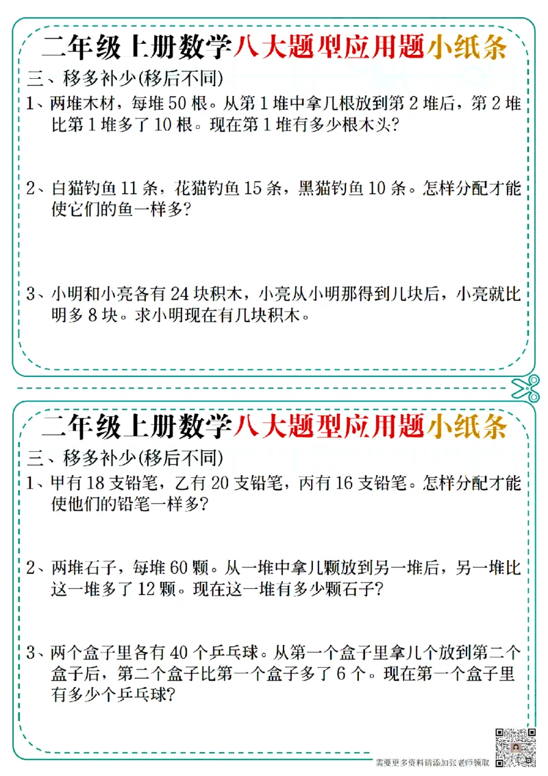二上数学五大题型应用题小纸条(空白版）(1)_二年级上下册资料_二年级上册小红书同款资料_二年级