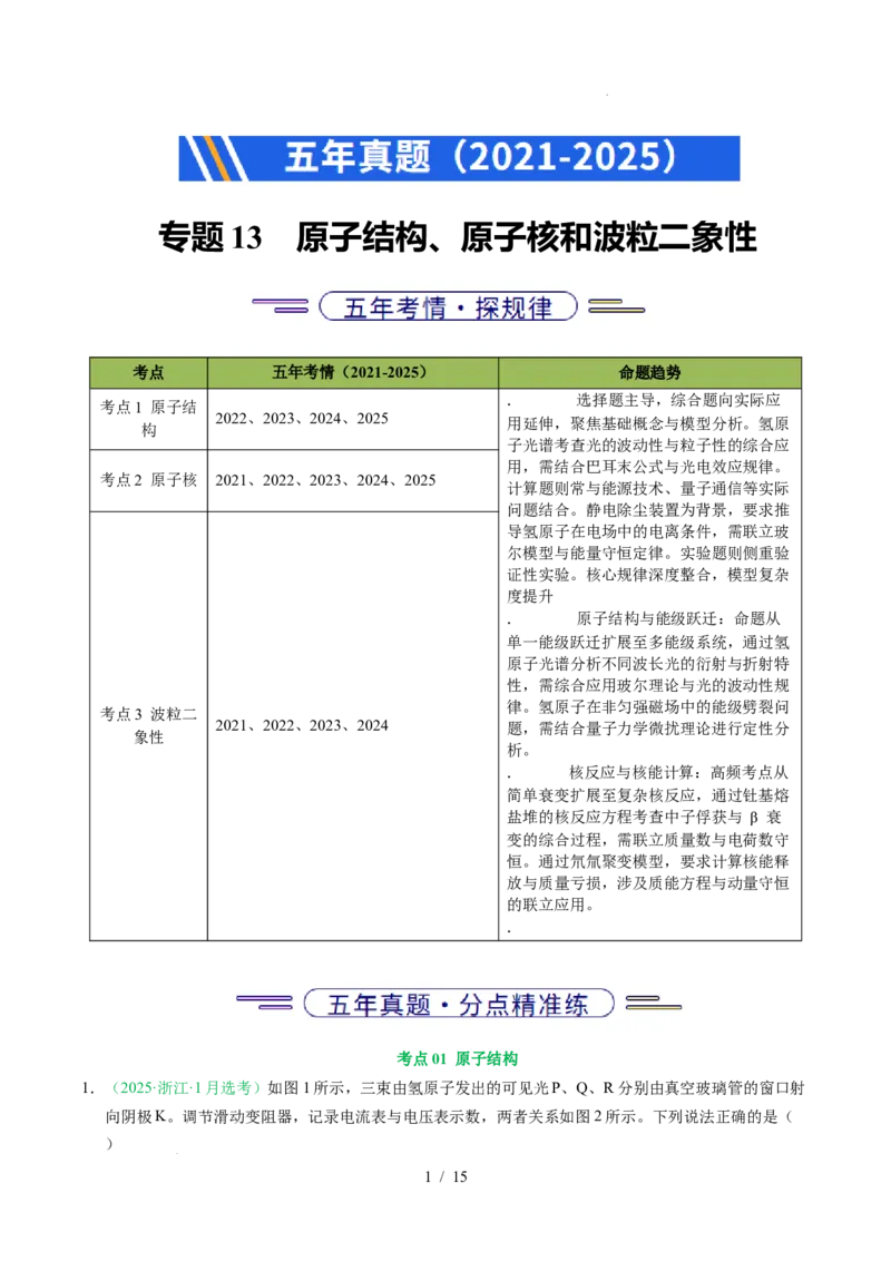 专题13原子结构、原子核和波粒二象性（浙江专用）（原卷版）_浙江物理高考真题分类汇编（2021-2025）