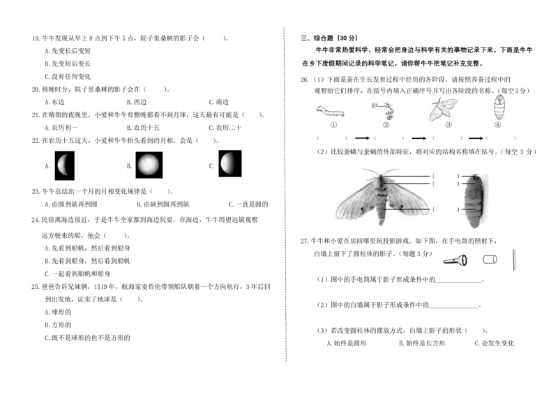 三下期末检测卷_三年级上下册资料_小学三年级学习资料-25年更新版_3-10、小学三年级科学下册_教科版_期末测试卷