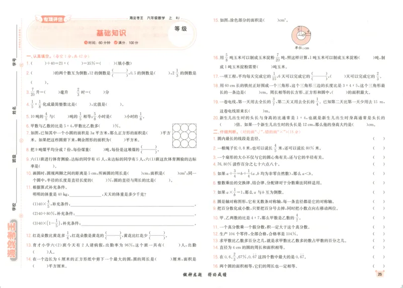 2025秋海淀考王数学6上RJ_25秋小学语数英习题试卷_数学_人教版_数学《海淀考王》人教25秋(1)