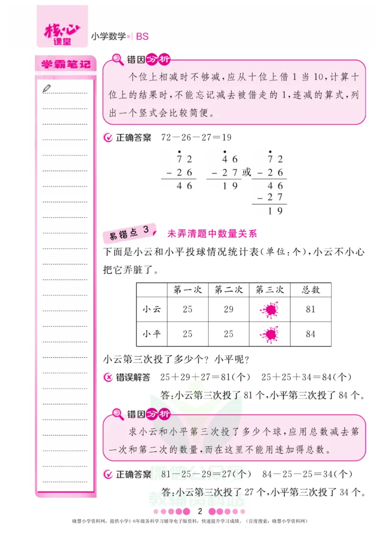 二年级上册数学北师版易错清单_二年级上下册资料_二年级语数英上下册学习资料_3-7-3、小学二年级数学上册_北师大版_1、知识点总结