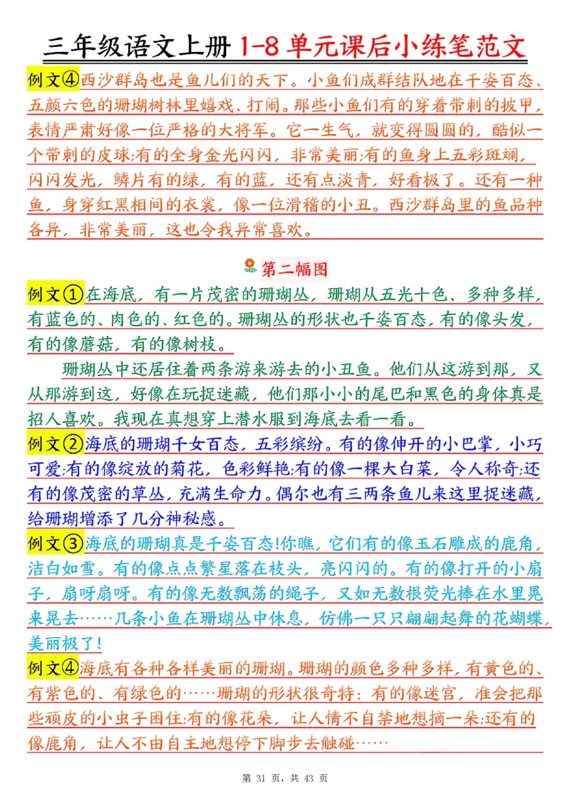 三上语文1-8单元课后小练笔范文合集43页_一到六小学晨读晚默晨诵晚读_三年级上册各类资料(小纸条知识点默写单)