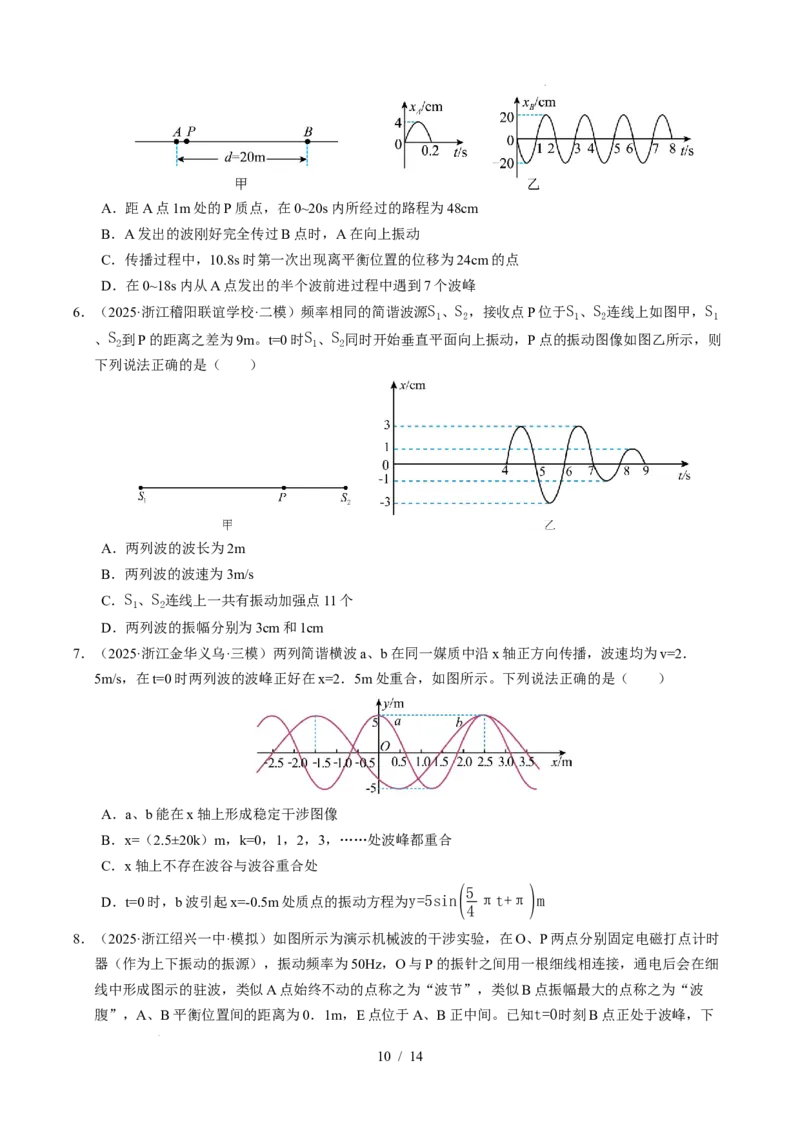 专题15机械振动和机械波（浙江专用）（原卷版）_浙江物理高考真题分类汇编（2021-2025）_专题15机械振动和机械波（浙江专用）-五年（2021-2025）高考物理真题分类汇编