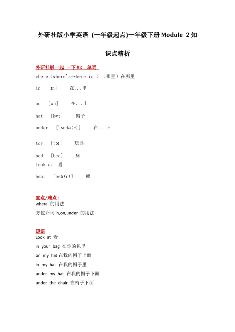 外研社版小学英语(一年级起点)一年级下册Module2知识点精析_一年级上下册资料_一年级上语数英上下册学习资料_3-6-6、小学一年级英语下册_外研版一起点_1、知识点总结