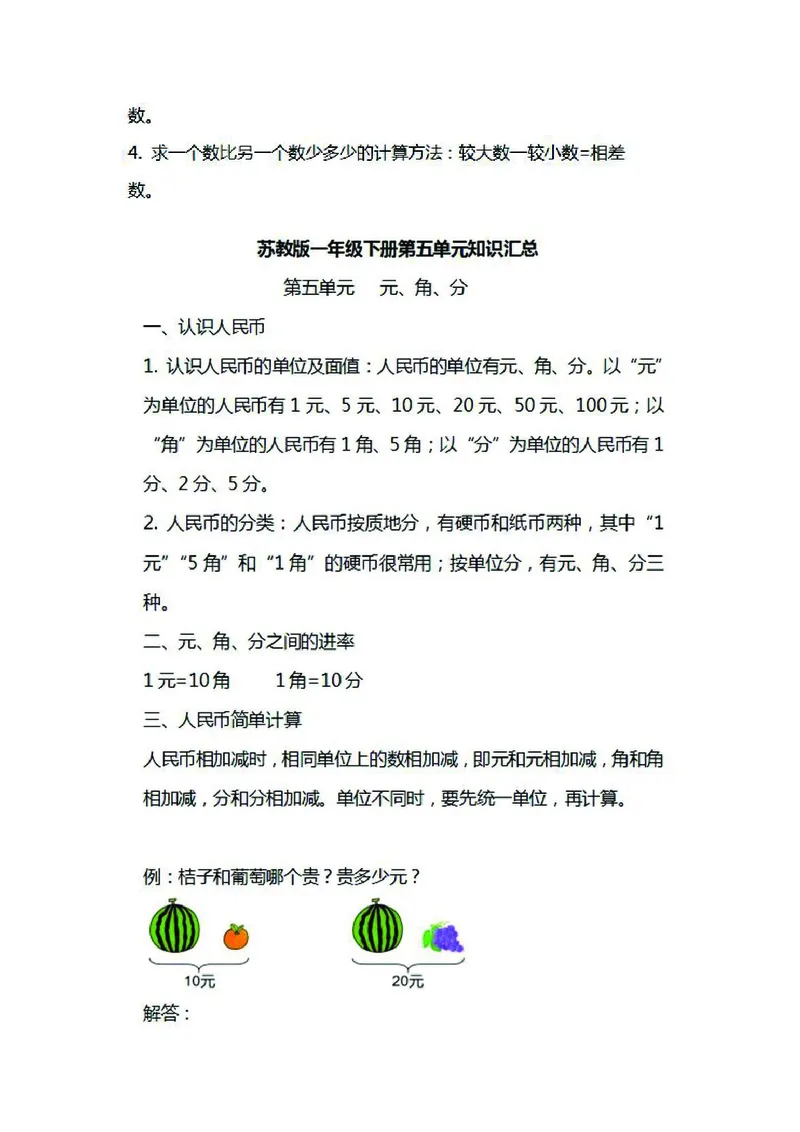 一年级下册数学苏教版知识要点汇总_一年级上下册资料_小学一年级学习资料-25年更新版_1-04、小学一年级数学下册_1-4-1、复习、知识点、归纳汇总_苏教版