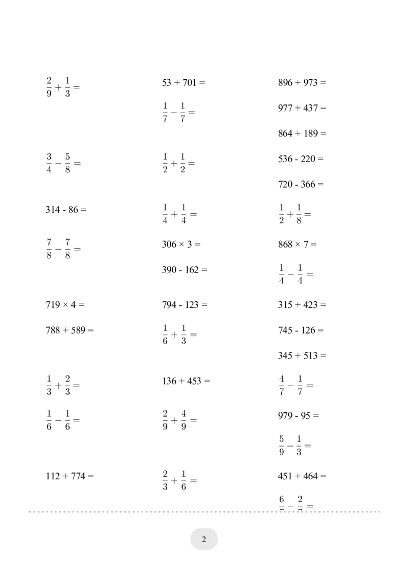 口算题(总复习三年级上册)1000题_小学数学口算计算速算练习1（1-6）题目类型全_三年级_口算3年级上册14000题_3上口算题(总复习三年级上册)1000题