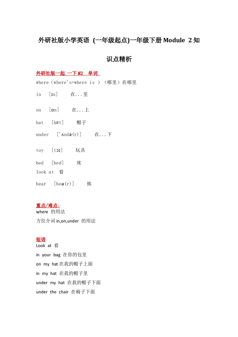 外研社版小学英语(一年级起点)一年级下册Module2知识点精析_一年级上下册资料_小学一年级学习资料-25年更新版_1-06、小学一年级英语下册_1-6-1、知识点、测试卷、电子书_外研版一起点