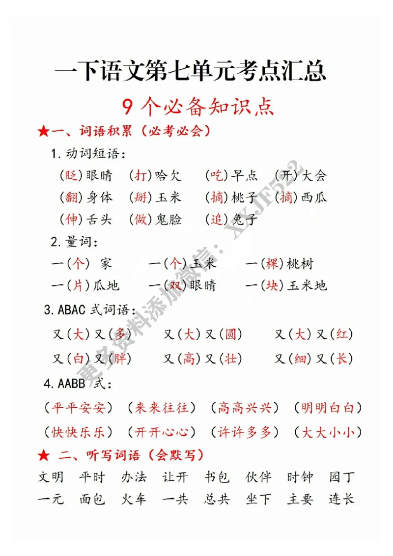 一年级语文下册第七单元考点总结_一年级上下册资料_小学一年级学习资料-25年更新版_1-02、小学一年级语文下册_3-6-2-1、复习、知识点、归纳汇总_部编（人教）版