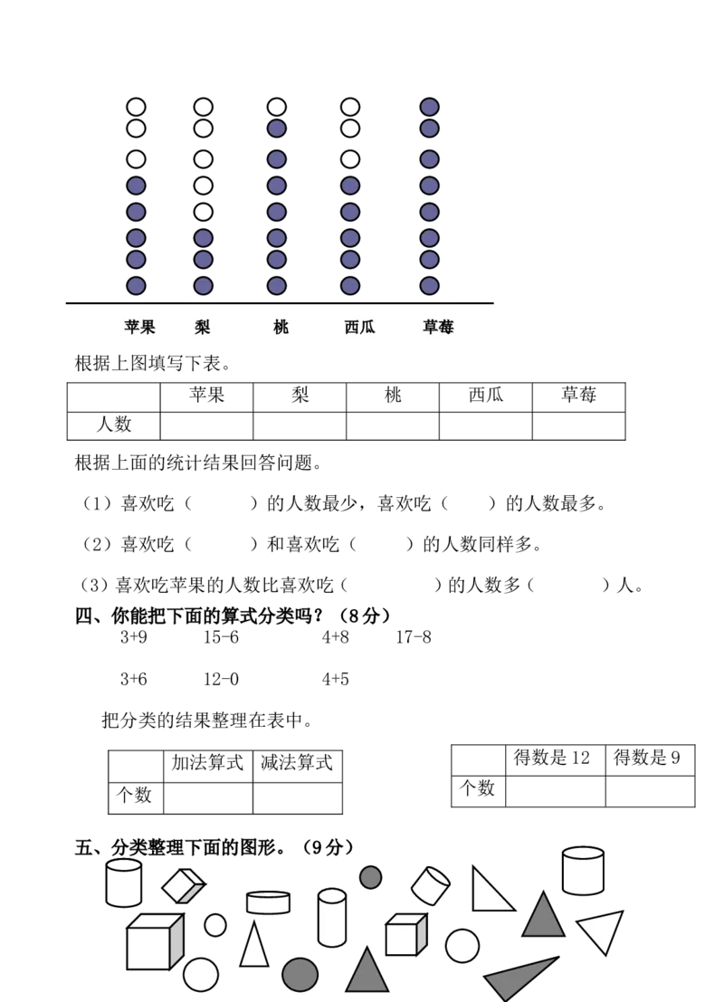 一年级下册分类与整理测试卷_一年级上下册资料_小学一年级学习资料-25年更新版_1-04、小学一年级数学下册_1-4-2、练习题、作业、试题、试卷_通用