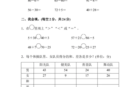 人教版二年级数学上册-考试试题卷系列-教材过关卷(2)-答案_二年级上下册资料_二年级语数英上下册学习资料_3-7-3、小学二年级数学上册_人教版_8、教材过关卷