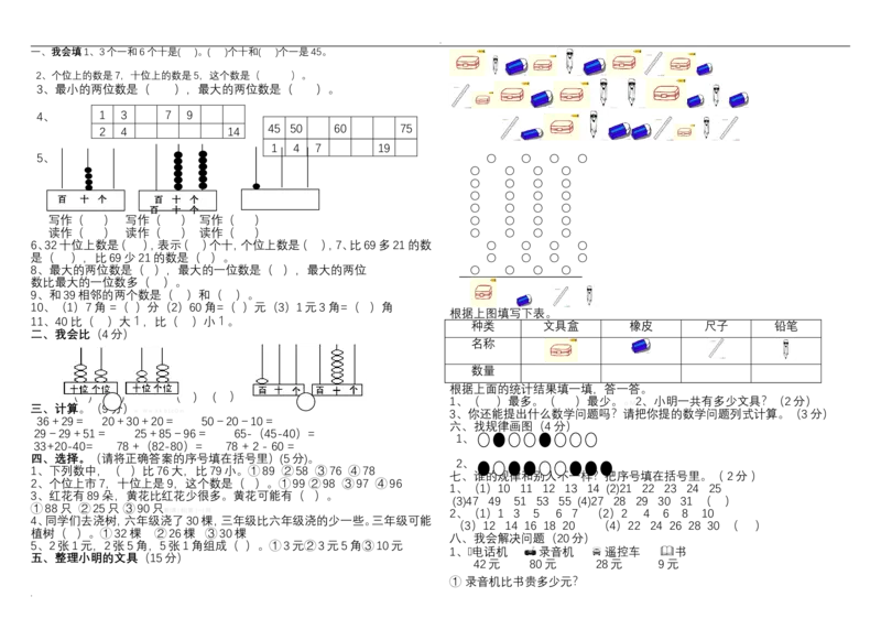 人教版一年级数学下册全套试卷_一年级上下册资料_小学一年级学习资料-25年更新版_1-04、小学一年级数学下册_1-4-2、练习题、作业、试题、试卷_人教版_期末测试卷