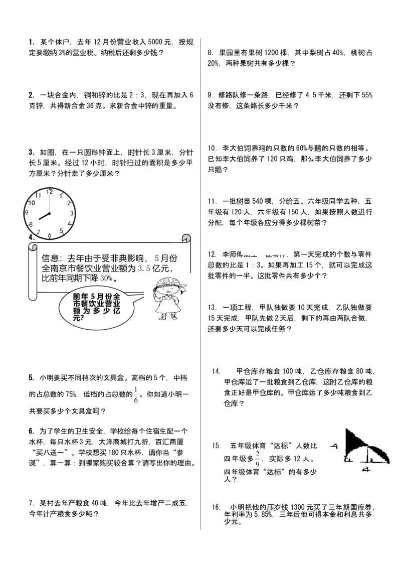 人教版小学六年级数学上册应用题、计算题专项练习总复习_小学数学母题大全一二三四五六年级上下册一题多解题母题解_练习题大全_赠送-6年级复习资料