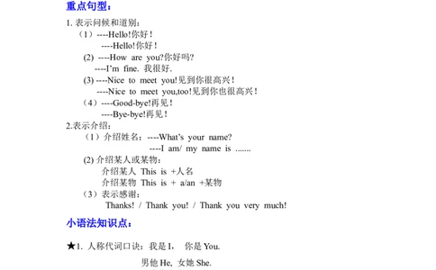 剑桥少儿英语一级上册知识点总结_一年级上下册资料_小学一年级学习资料-25年更新版_1-05、小学一年级英语上册_剑桥少儿英语